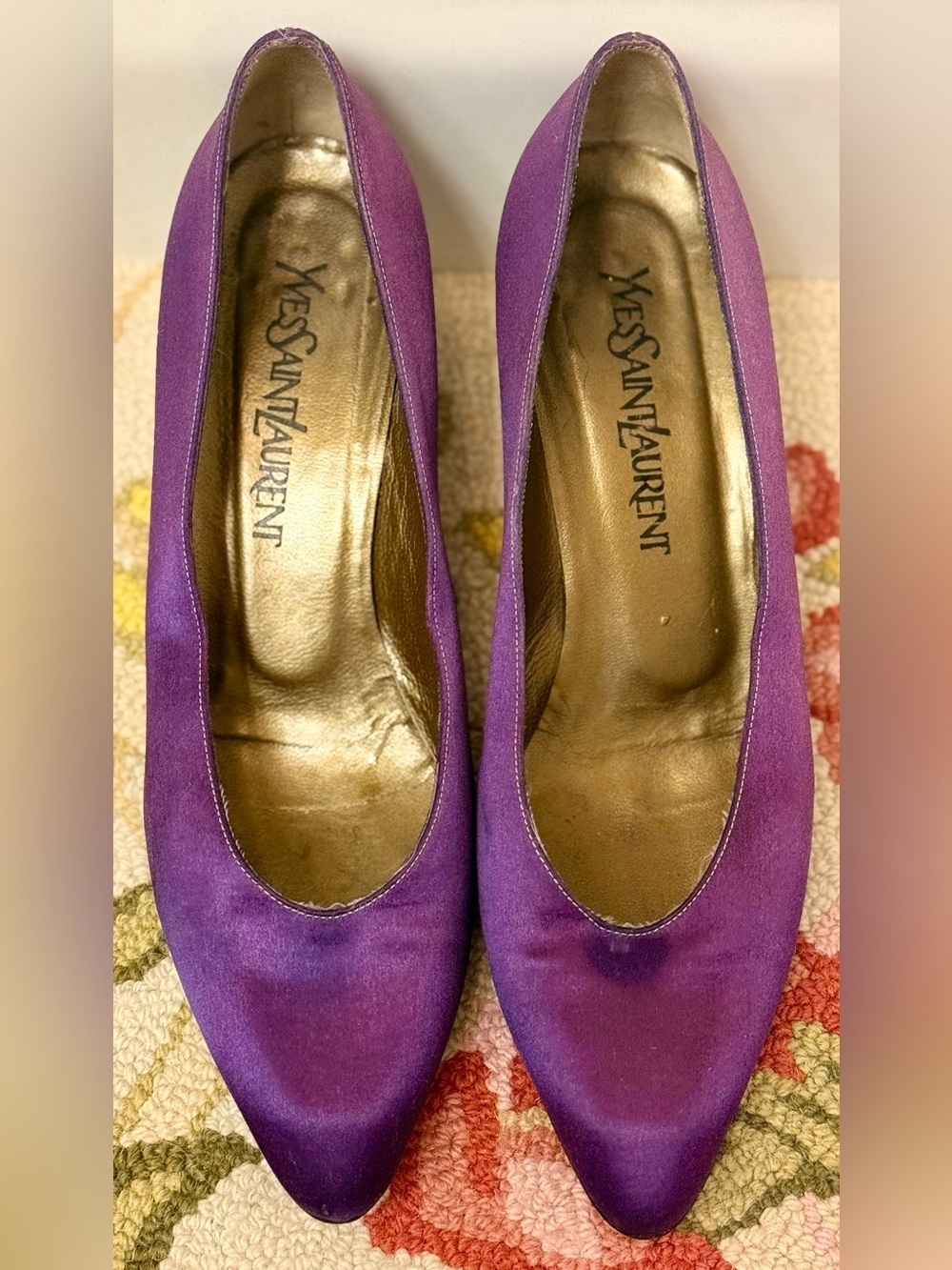 YSL Vintage Coquette Luxury Purple Satin Pointed Toe Kitten Heel Pumps - 8.5